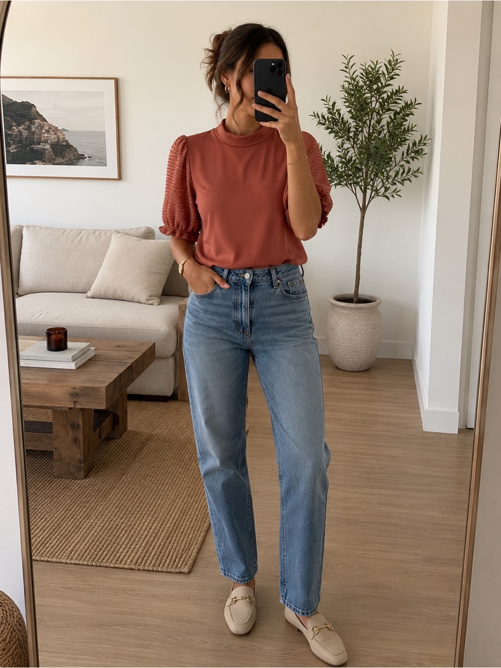 RW&CO. Mock Neck Puff Sleeve Top in Rust